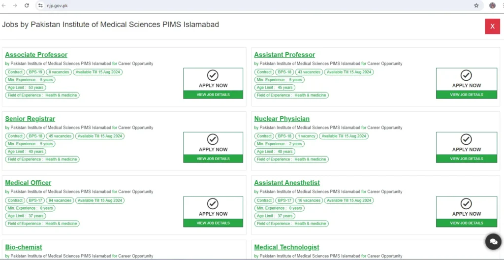 Jobs by Pakistan Institute of Medical Sciences PIMS Islamabad 